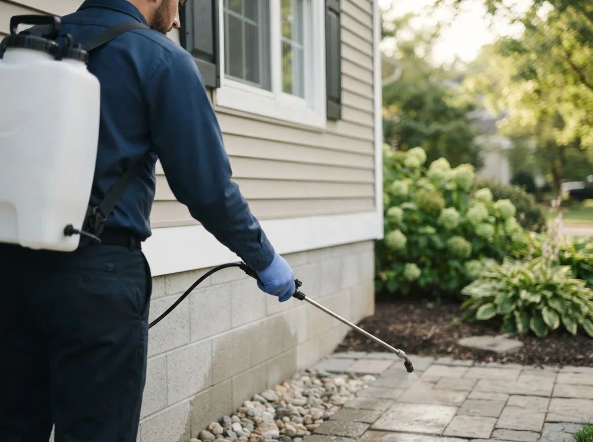 Pest control technician inspecting a home in Weldon, IL